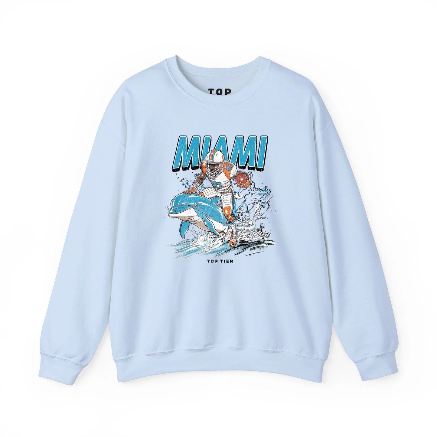 Miami Football Blue Crewneck TOP TIER. Premium Sports Apparel, T-shirts, Merch, Threads and Crewneck